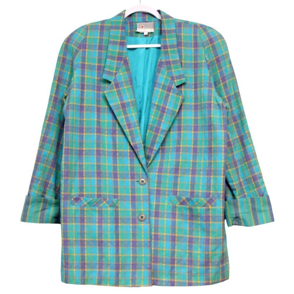 Vintage 80s 90s Blazer Large Multicolor Plaid Preppy Classic 100% Cotton USA - Picture 1 of 13